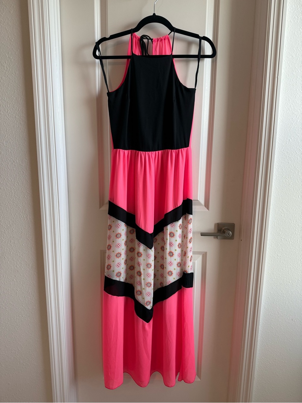 Y2K Hot Pink and Black Chiffon Halter Maxi Dress S